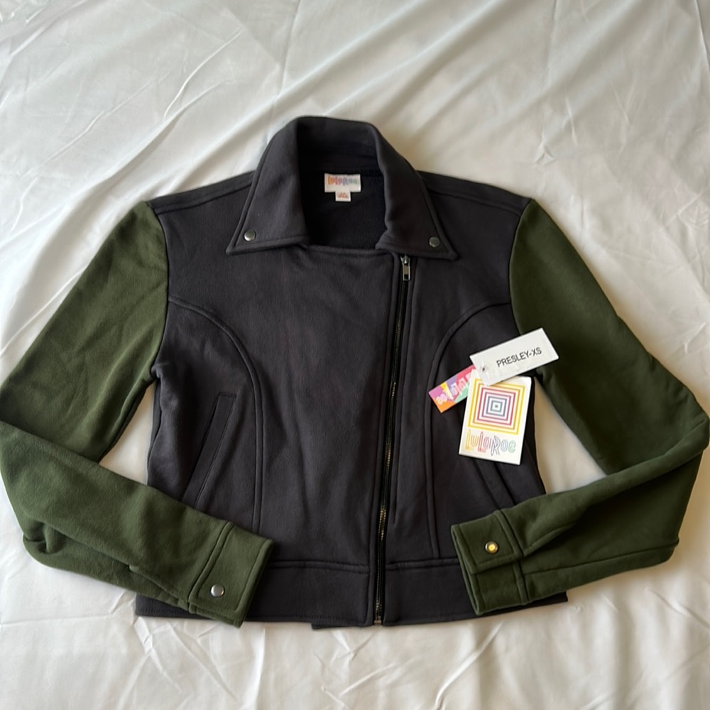 LuLaRoe Womans Presley Moto Jacket Coat L 14-16 Charcoal Gray Green Cotton NWT